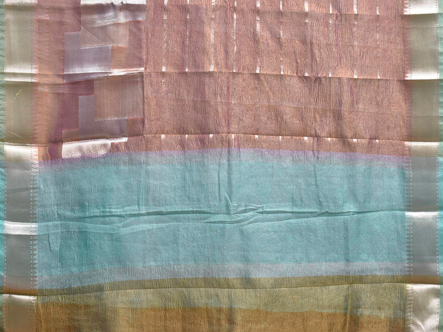 Peach and Light Blue Banaras Tissue Saree with Strips Design b0326