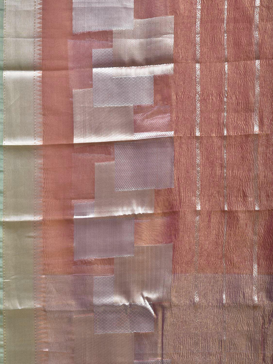 Peach and Light Blue Banaras Tissue Saree with Strips Design b0326