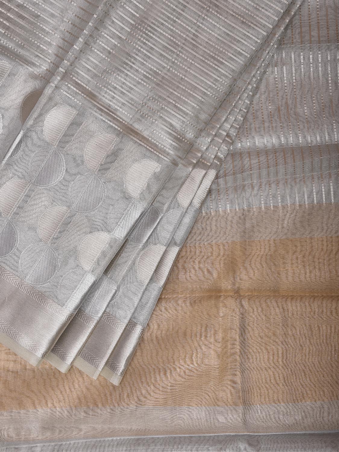 Silver and Mustard Banaras Tissue Saree with Strips and Border Design b0327