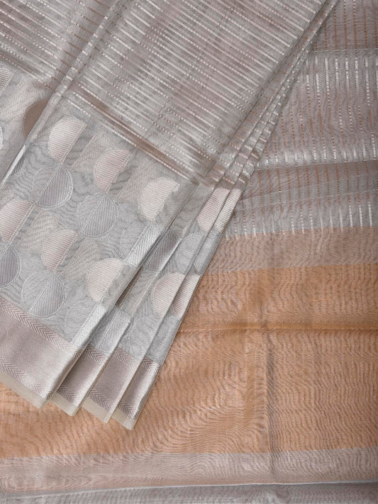 Silver and Mustard Banaras Tissue Saree with Strips and Border Design b0327