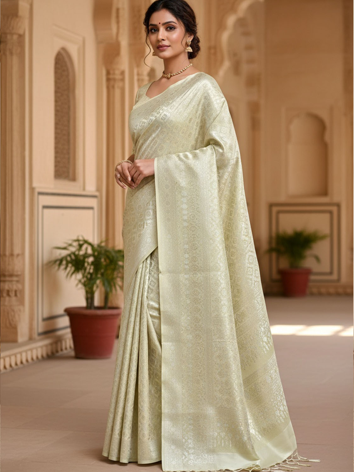 Light Green Banaras Katan Saree with All Over Tissue Brocade Design b0331