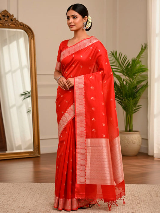 Red Banaras Organza Saree with Pallu and Border Design b0332