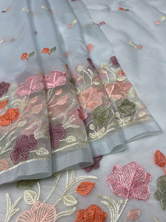 Light Blue Organza Saree Embroidery with Butta and Border Design b0332ds