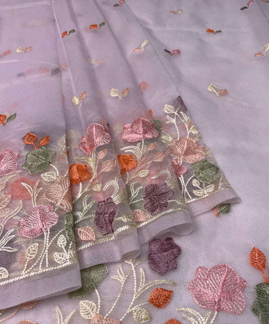 Purple Organza Saree Embroidery with Butta and Border Design b0333ds
