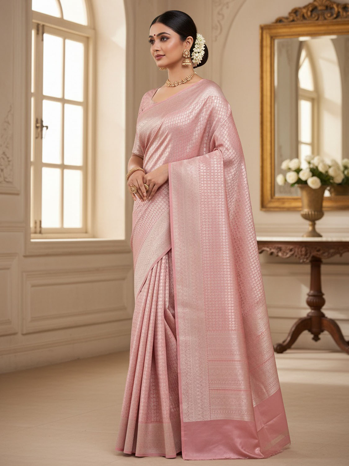 Light Pink Banaras Katan Saree with All Over Brocade Design b0334