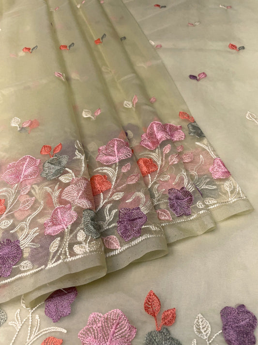 Cream Organza Saree Embroidery with Butta and Border Design b0334ds