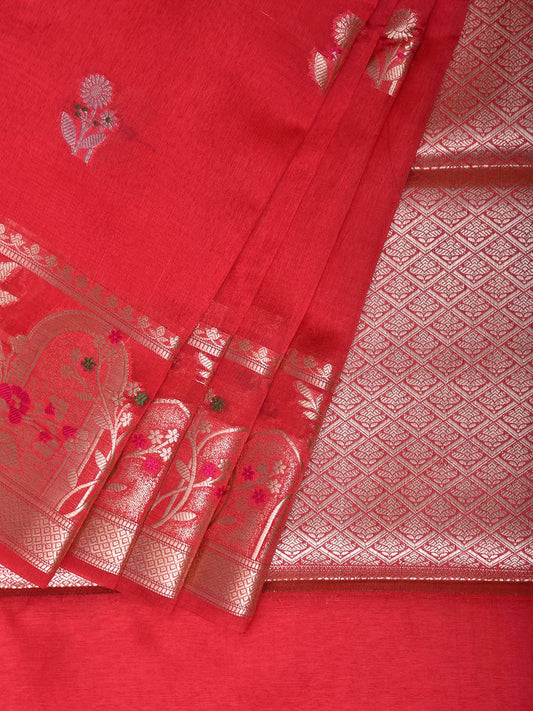Red Banaras Raw Silk Saree with Pallu and One Side Border Design b0335