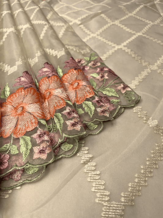 Cream Organza Saree Embroidery with Butta and Border Design b0335ds