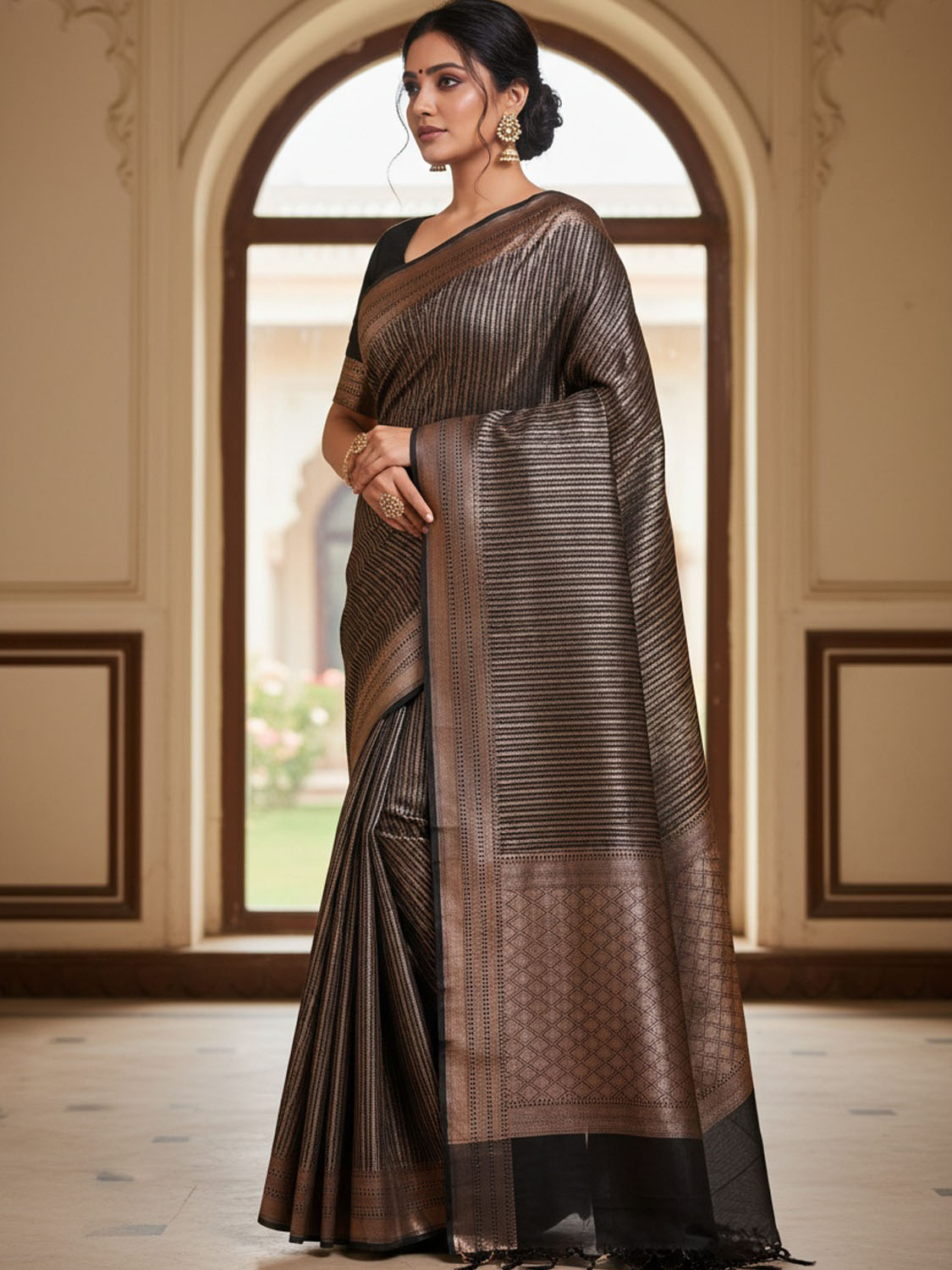 Black Banaras Katan Saree with All Over Antique Zari Design b0336