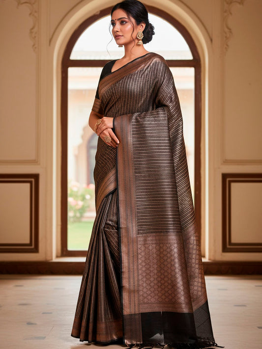 Black Banaras Katan Saree with All Over Antique Zari Design b0336