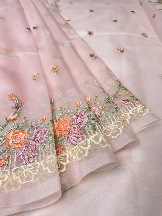 Pink Organza Saree Embroidery with Butta and Border Design b0338ds