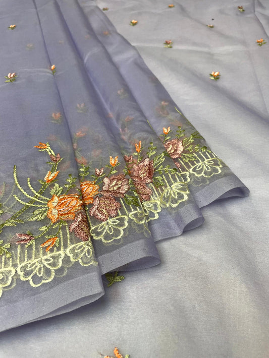Blue Organza Saree Embroidery with Butta and Border Design b0339ds