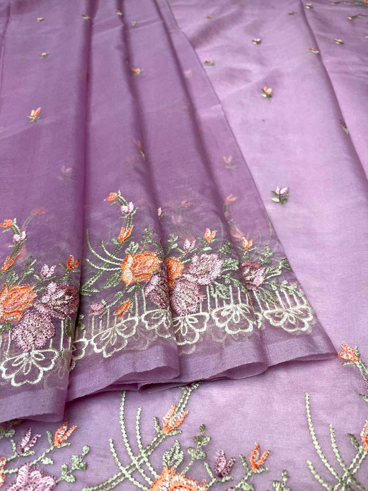 Lavender Organza Saree Embroidery with Butta and Border Design b0341ds