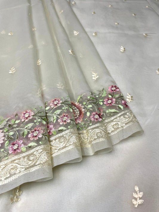 Cream Organza Saree Embroidery with Butta and Border Design b0342ds
