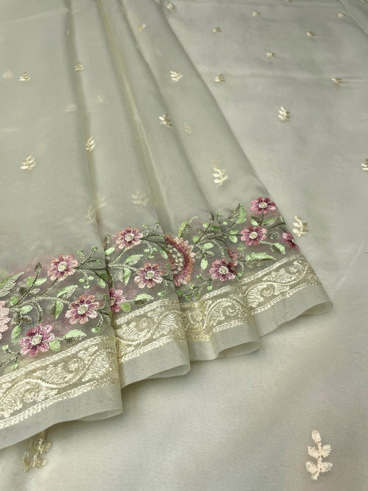 Cream Organza Saree Embroidery with Butta and Border Design b0343ds