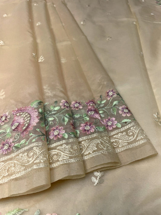 Organza Saree Embroidery with Butta and Border Design b0344ds