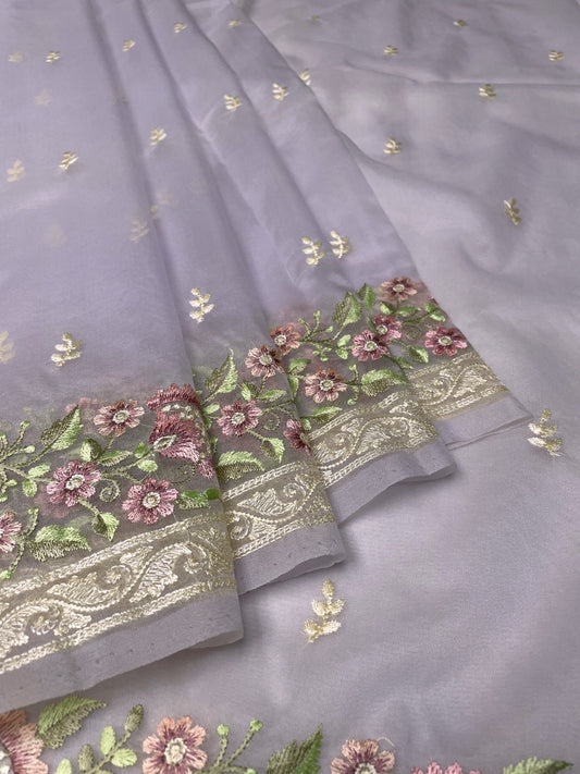 Light Purple Organza Saree Embroidery with Butta and Border Design b0345ds
