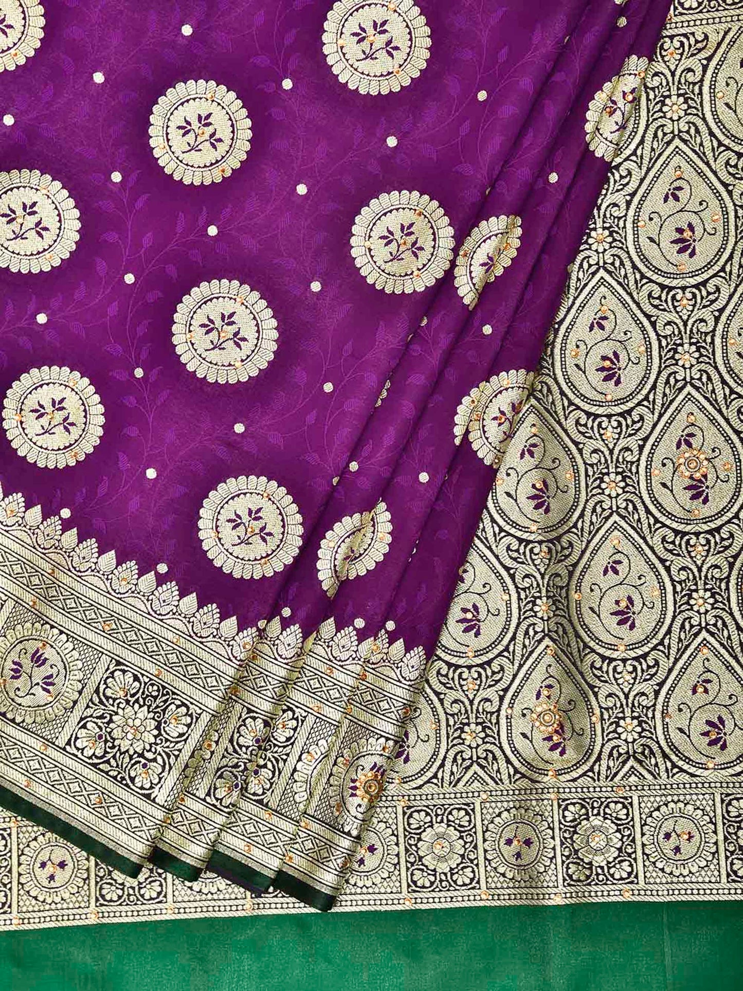 Purple and Green Banaras Katan Saree with Body Buta and Pallu Design b0346