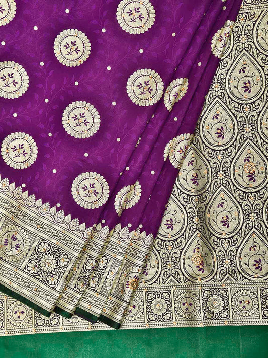 Purple and Green Banaras Katan Saree with Body Buta and Pallu Design b0346