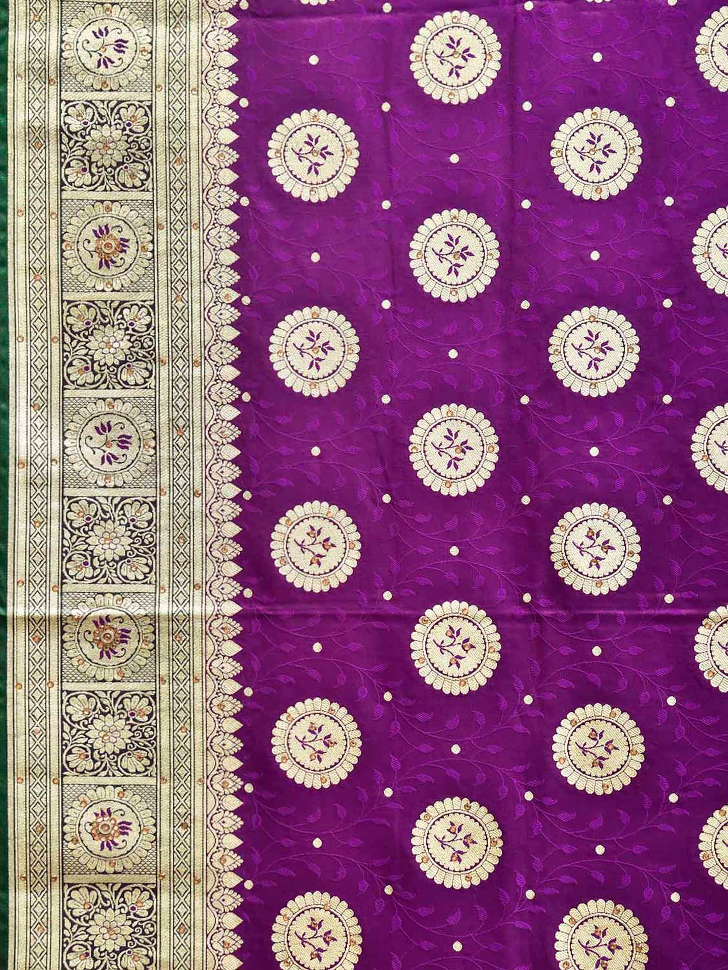 Purple and Green Banaras Katan Saree with Body Buta and Pallu Design b0346