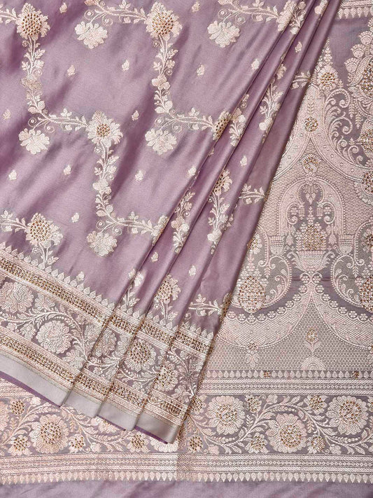 Light Mauve Banaras Katan Saree with Diagonal and Pallu Design b0347