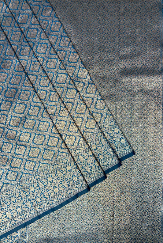 Teal Blue Banaras Katan Intricate Allover Brocade Saree with Antique Zari Border and Pallu Design b0347ds