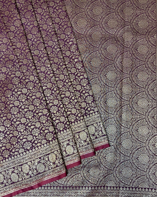 Burgundy Banaras Katan Intricate Allover Brocade Saree with Antique Zari Border and Pallu Design b0349ds