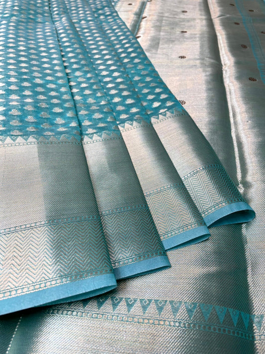 Light Blue Banaras Fancy with Zari Border Body Butta and Pallu Design b0360ds