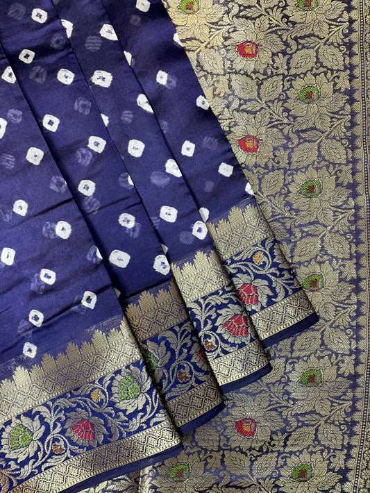 Blue Banaras Bandhani Silk Saree with Border and Pallu Design b0421ds