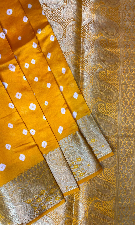 Mustard Banaras Bandhani Silk Saree with Border and Pallu Design b0407ds