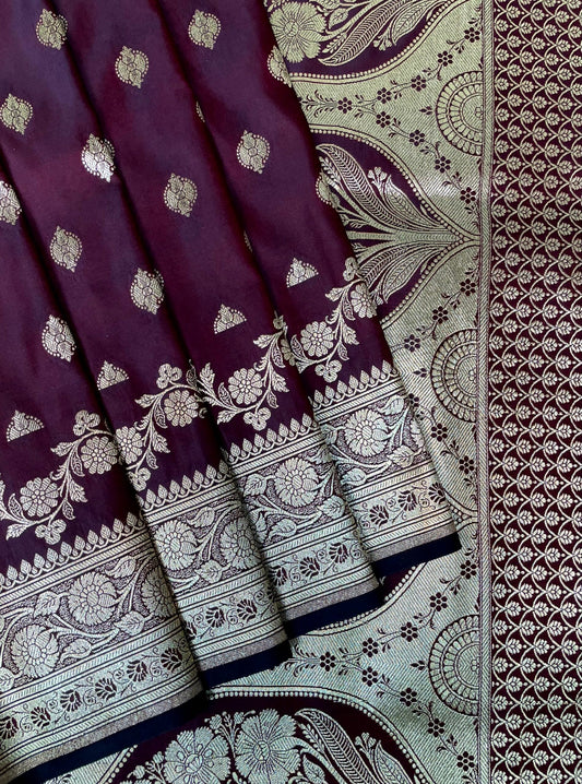 Dark Burgundy Banaras Katan Silk Saree with Body Butti and Border Design b0412ds