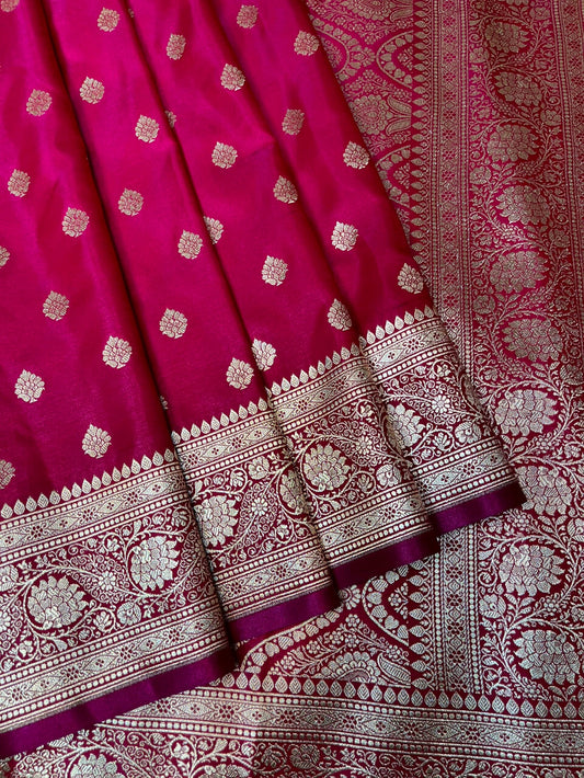 Dark Onion Pink Banaras Katan Silk Saree with Body Butti and Border Design b0434ds