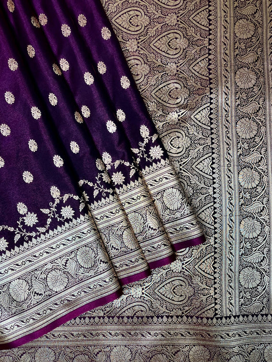 Dark Violet Banaras Katan Silk Saree with Body Butti and Border Design b0440ds