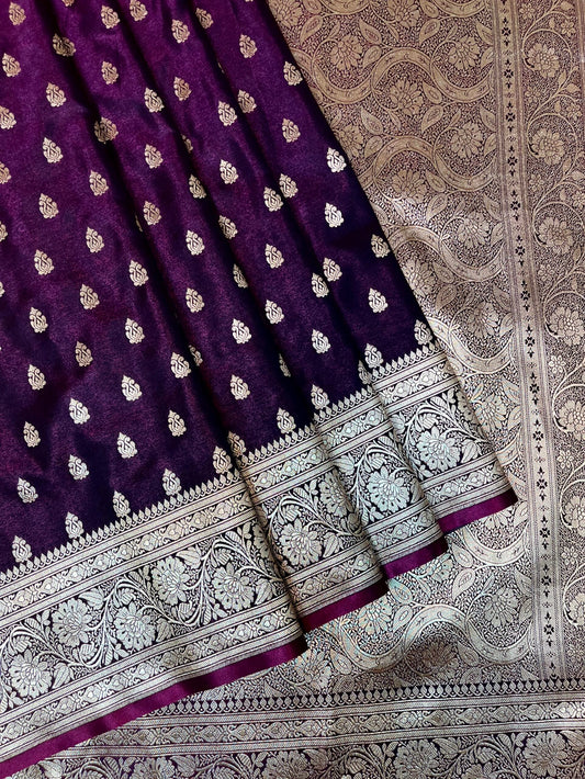 Dark Purple Banaras Katan Silk Saree with Body Butti and Border Design b0443ds