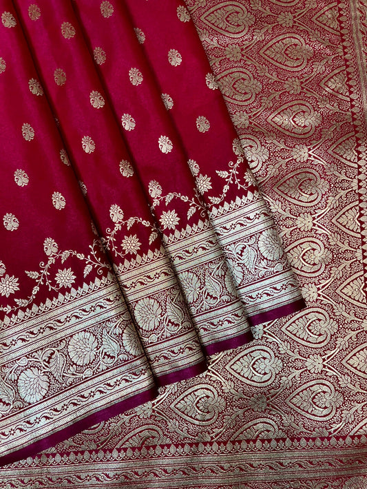 Dark Red Banaras Katan Silk Saree with Body Butti and Border Design b0446ds