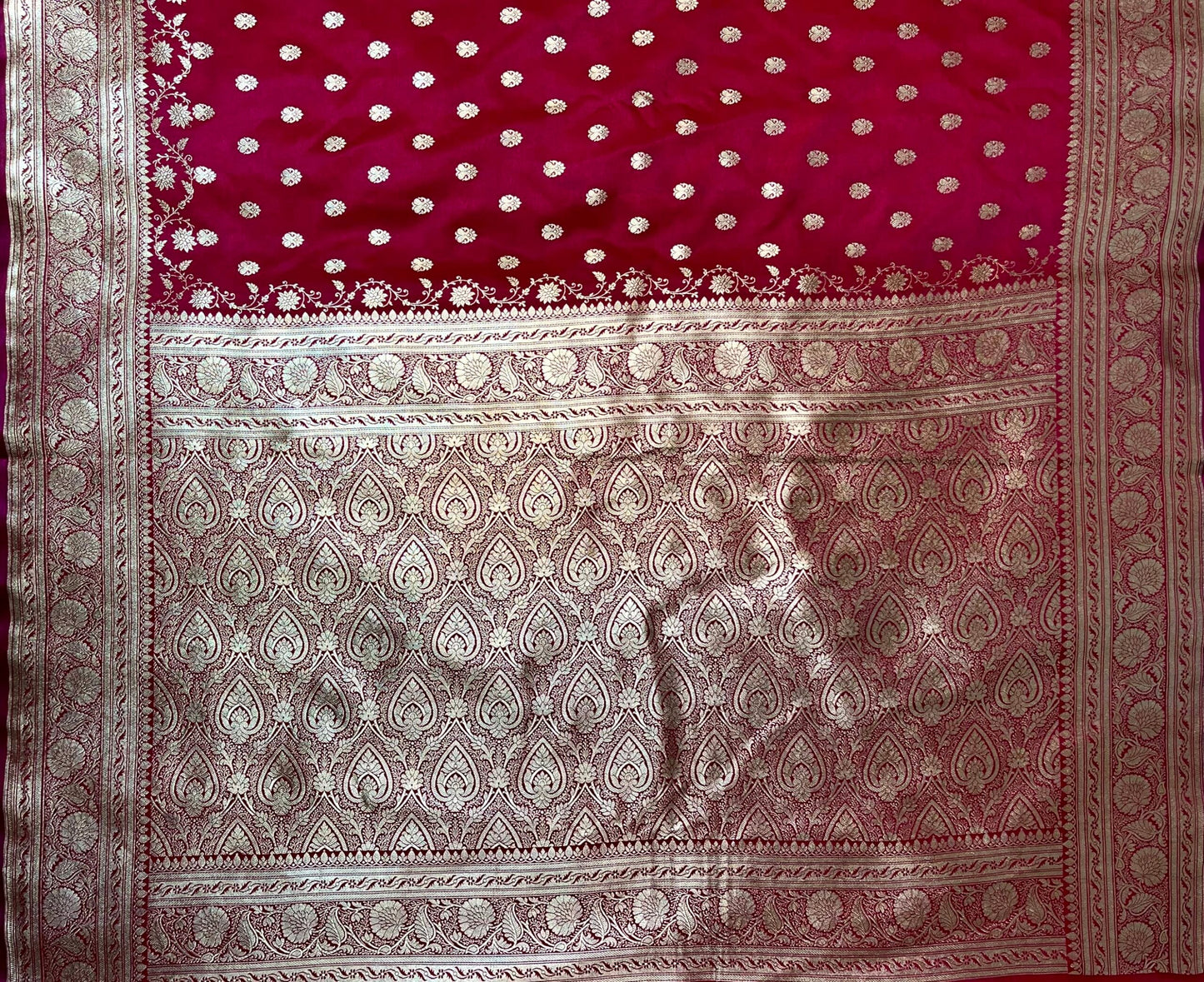 Dark Red Banaras Katan Silk Saree with Body Butti and Border Design b0446ds