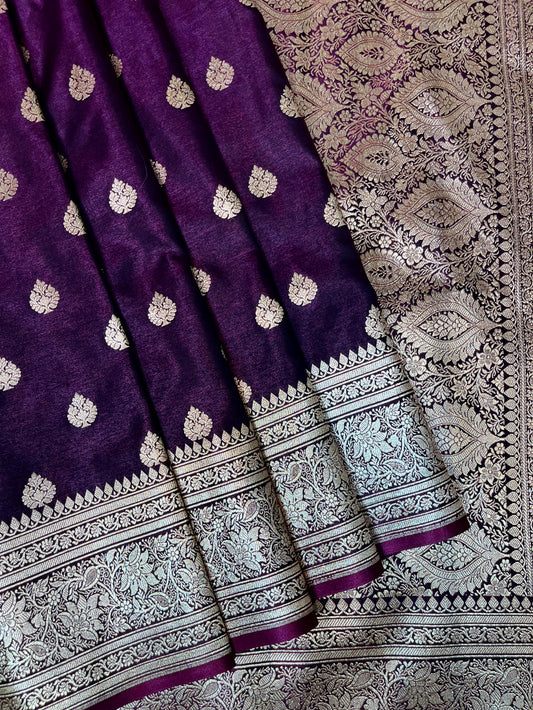 Dark Purple Banaras Katan Silk Saree with Body Butti and Border Design b0450ds