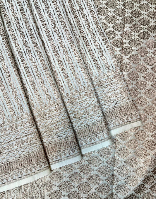 Beige Banaras Katan Intricate Allover Brocade Saree with Border and Pallu Design b0457ds