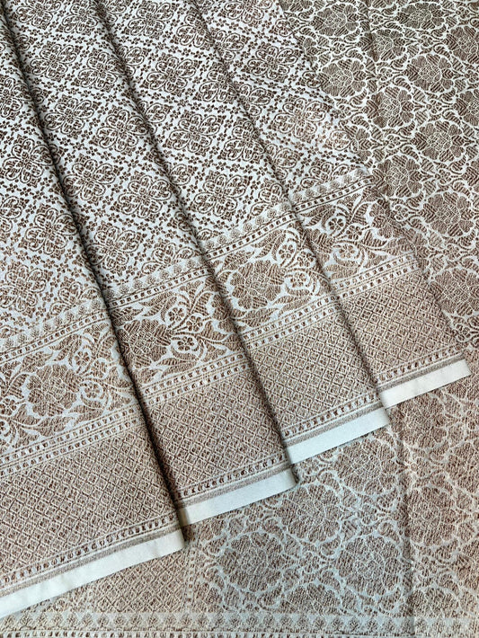 Beige Banaras Katan Intricate Allover Brocade Saree with Border and Pallu Design b0460ds
