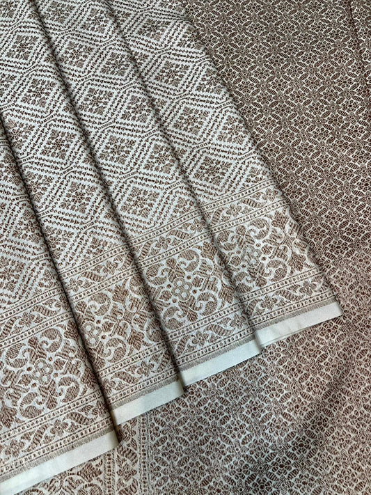 Beige Banaras Katan Intricate Allover Brocade Saree with Border and Pallu Design b0463ds