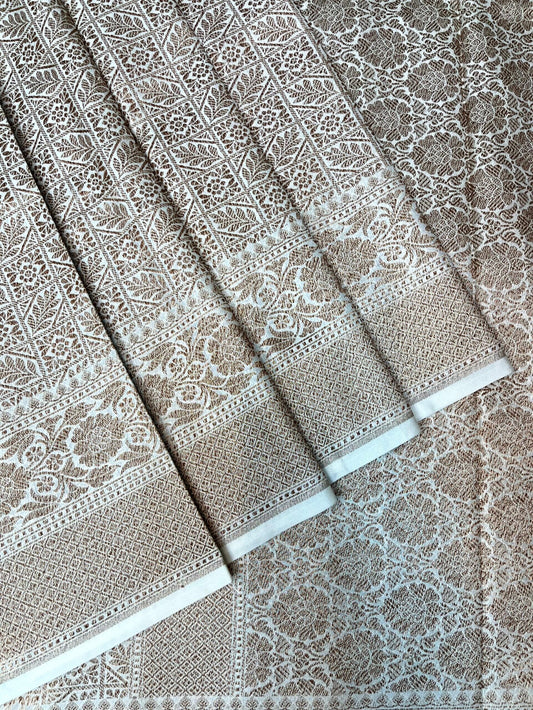 Beige Banaras Katan Intricate Allover Brocade Saree with Border and Pallu Design b0464ds