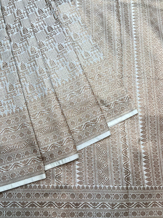 Beige Banaras Katan Intricate Allover Brocade Saree with Border and Pallu Design b0465ds