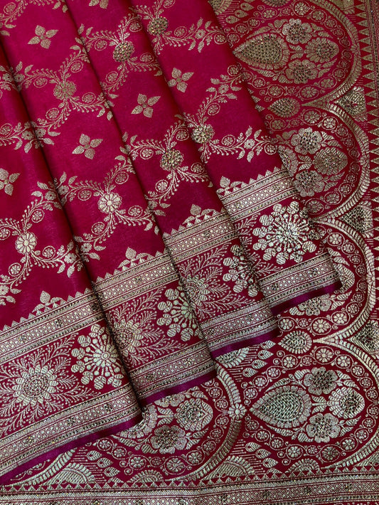 Rani Pink Banaras Katan Silk Saree with Body Butti and Stone Work Design b0468ds