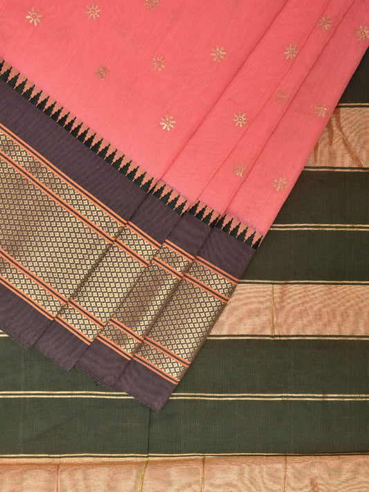 Baby Pink and Dark Green Bamboo Cotton Saree with Printed Buta Design No Blouse bc0362