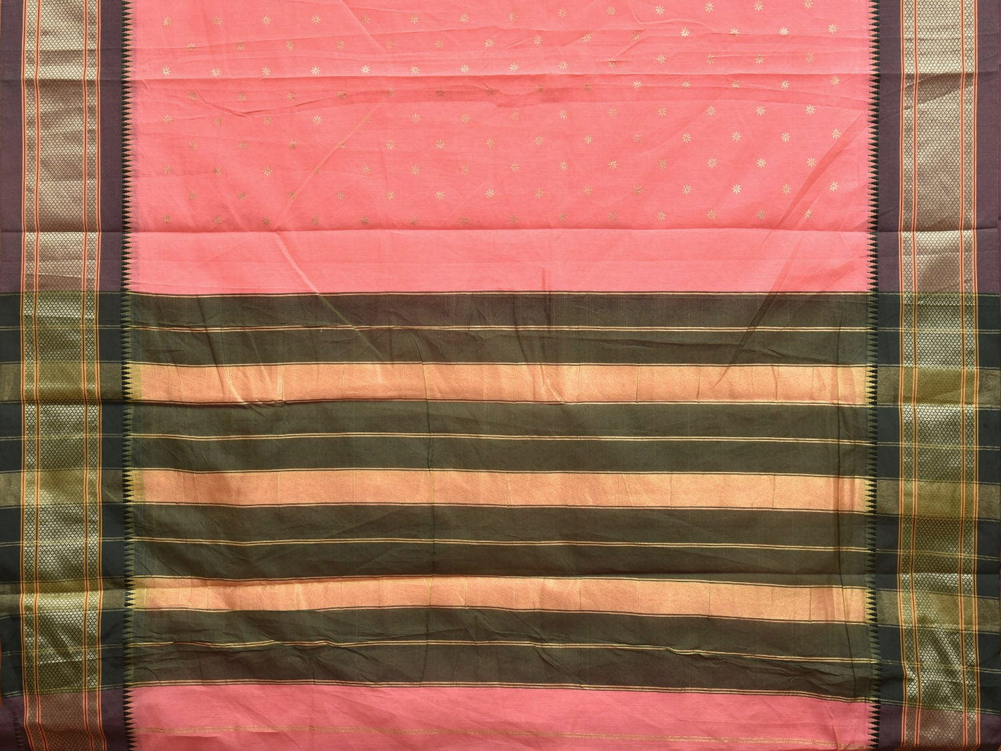 Baby Pink and Dark Green Bamboo Cotton Saree with Printed Buta Design No Blouse bc0362