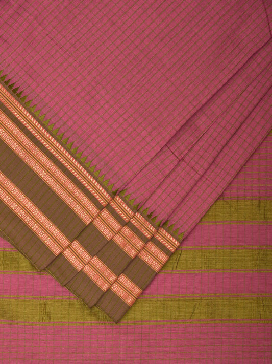 Baby Pink and Green Bamboo Cotton Saree with Checks Design No Blouse bc0303