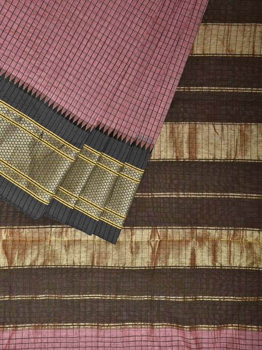 Baby Pink and Green Bamboo Cotton Saree with Checks Design No Blouse bc0815