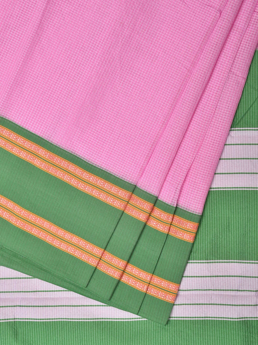 Baby Pink and Green Bamboo Cotton Saree with Small Checks Design No Blouse bc0264