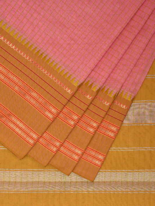 Baby Pink and Green Bamboo Cotton Viscose Silk Saree with Checks Design No Blouse bc0370