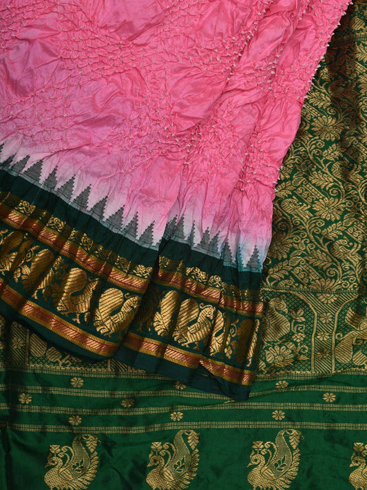 Baby Pink and Green Bandhani Gadwal Silk Handloom Saree with Pallu and Border Design bn0342